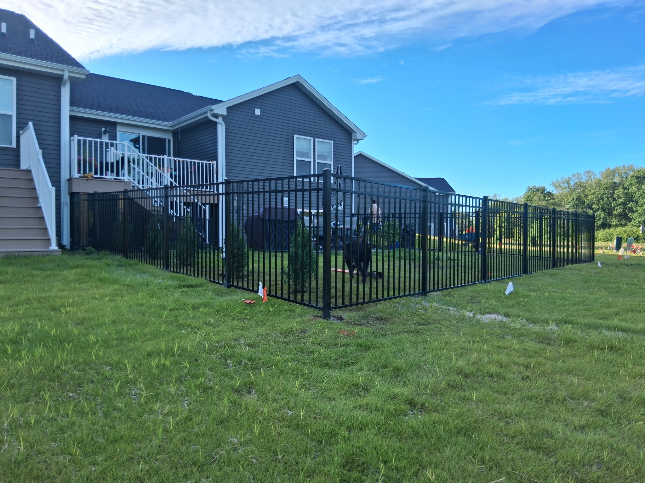 Black aluminum fence surrounding a residential backyard