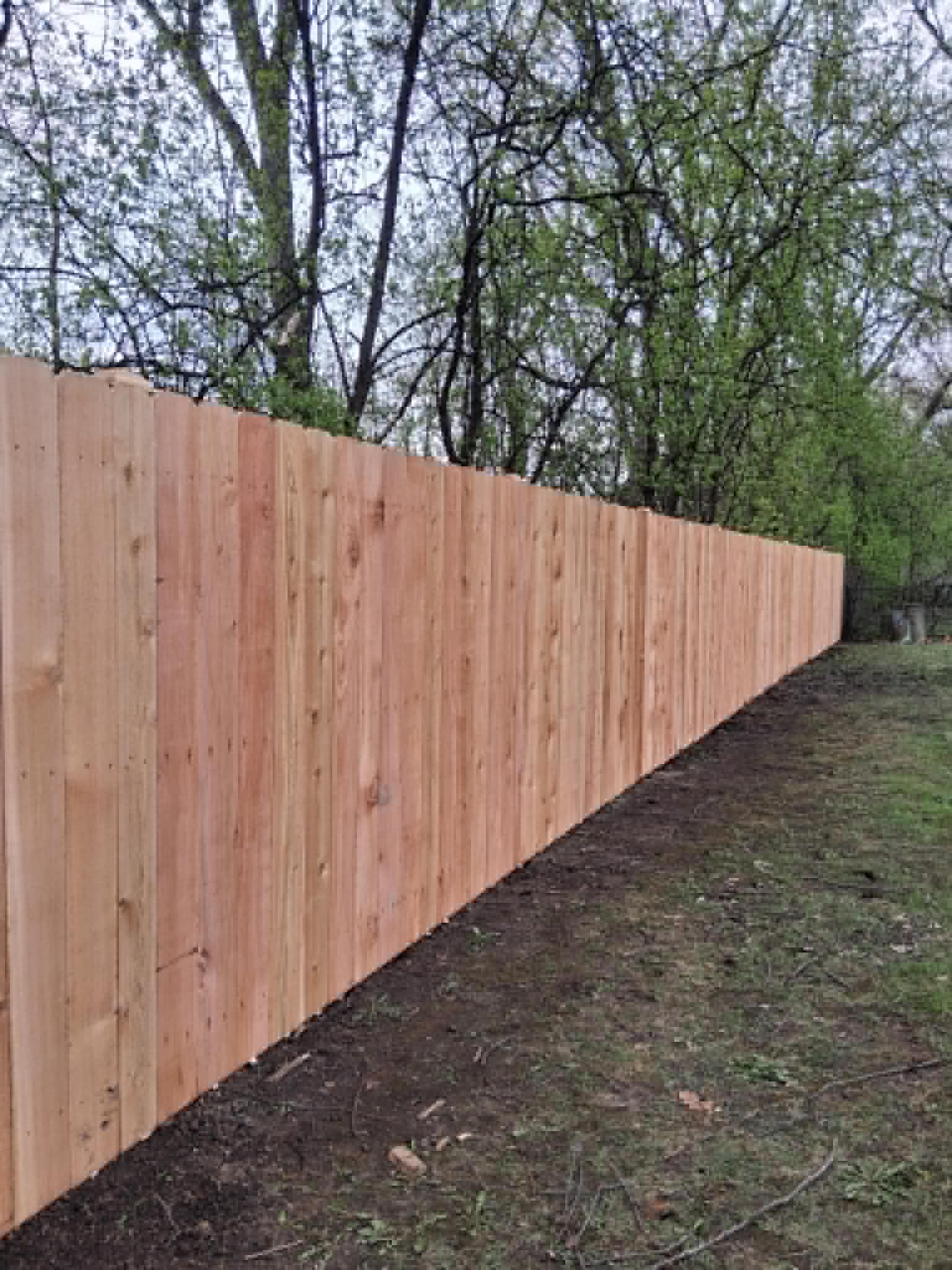 Cedar privacy fence running along a wooded residential property